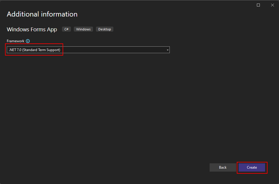 Sélectionnez l’infrastructure cible pour un projet Windows Forms dans Visual Studio 2022.