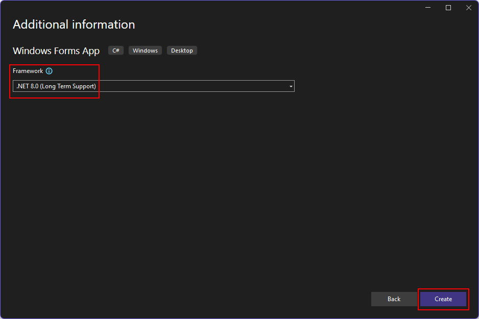 Capture d’écran de la boîte de dialogue « Informations supplémentaires » de Visual Studio 2022. La zone de liste déroulante « Framework » comporte « .NET 8.0 (Support à long terme) » sélectionnée et mise en surbrillance avec une zone rouge. Le bouton « Créer » est également mis en surbrillance avec une zone rouge.