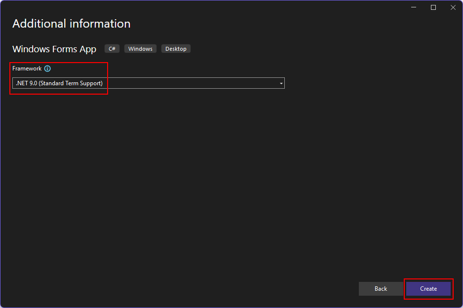 Capture d’écran de la boîte de dialogue « Informations supplémentaires » de Visual Studio 2022. La zone de liste déroulante « Framework » comporte « .NET 9.0 (Prise en charge des termes standard) » sélectionnée et mise en surbrillance avec une zone rouge. Le bouton « Créer » est également mis en surbrillance avec une zone rouge.