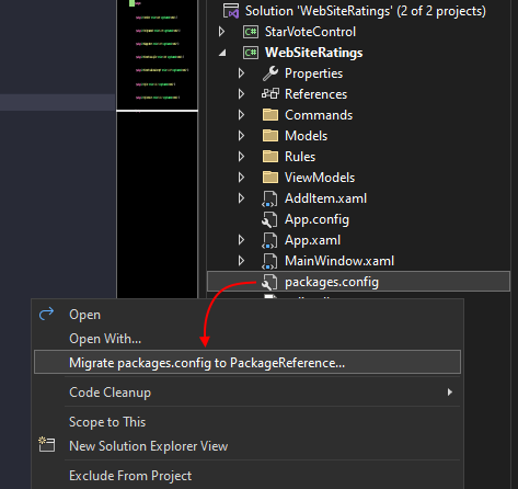 Le menu contextuel de Explorateur de solutions dans Visual Studio, affichant l’élément « Migrer packages.config ».