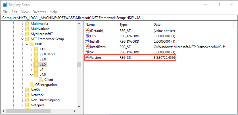 Entrée de Registre pour .NET Framework 3.5.