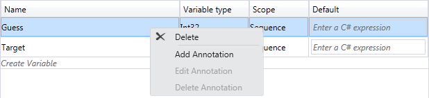 Menu contextuel du concepteur de variable et d’argument