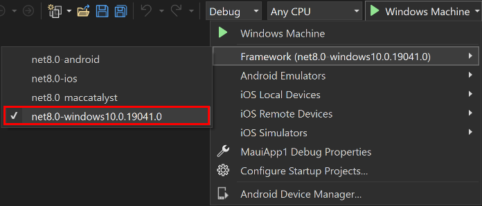 Sélectionnez la cible de débogage d’ordinateur Windows pour .NET MAUI.