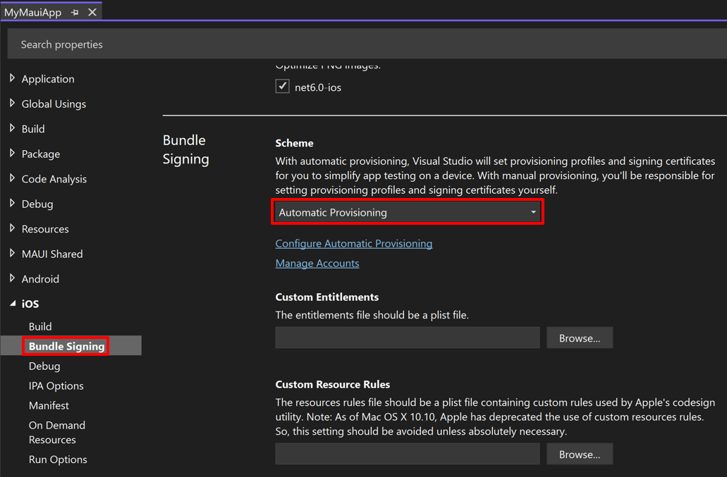 Capture d’écran de l’onglet Signature de bundle pour iOS dans Visual Studio.