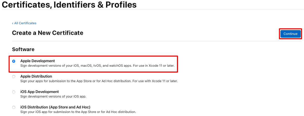 Créez un certificat de développement Apple.