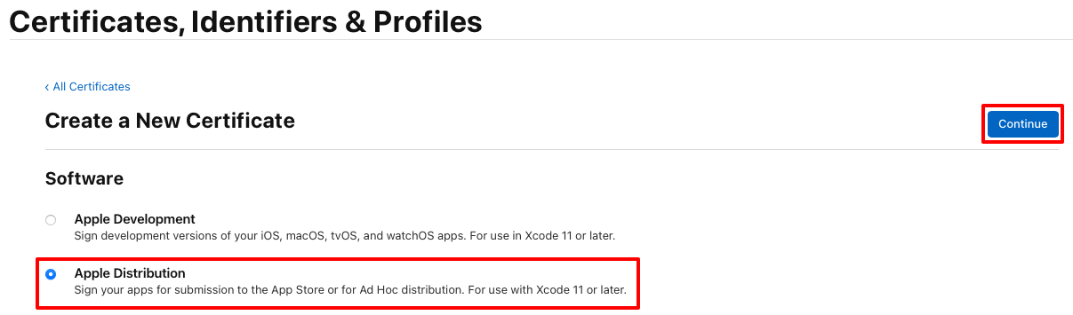 Créez un certificat de distribution Apple.