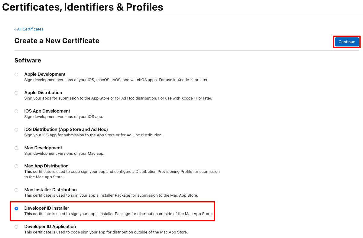 Créez un certificat d’installation d’ID de développeur.