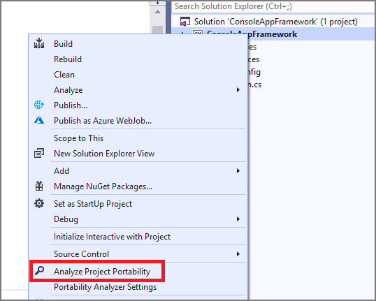 Capture d’écran de Portability Analyzer dans l’Explorateur de solutions.