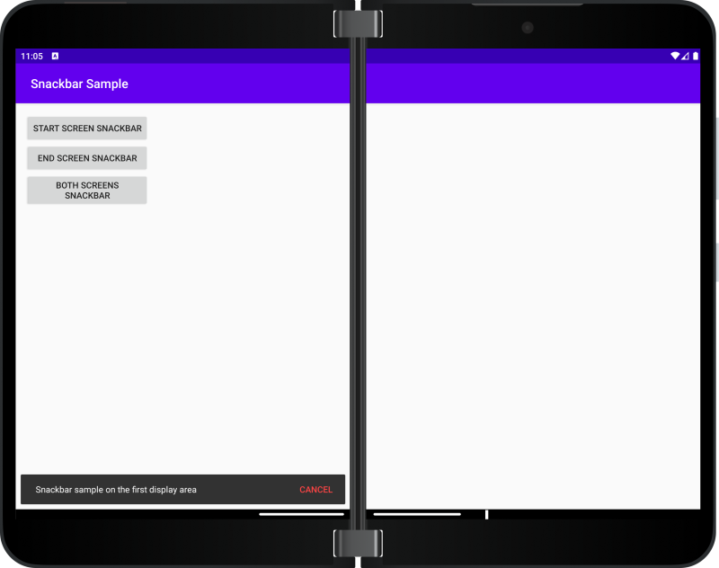 START: snackbar on the first screen, portrait orientation