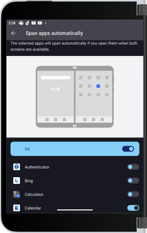 Application Paramètres montrant le bouton bascule automatique d’applications Span