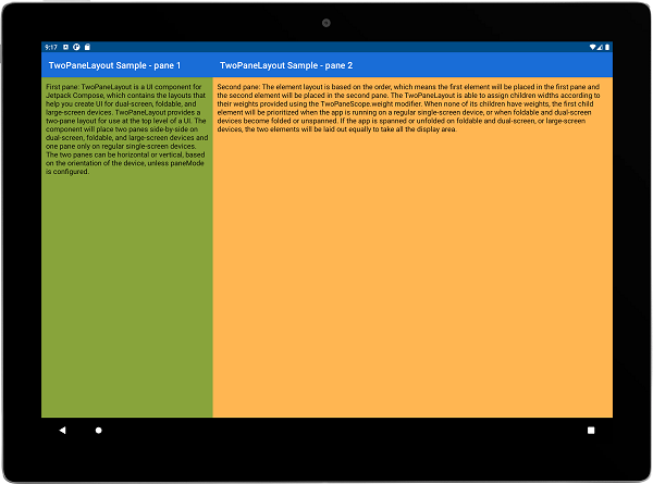 TwoPaneLayout sur une tablette/un appareil avec un grand écran avec les modificateurs de pondération 0,3 et 0,7 pour diviser les volets selon un rapport 3:7