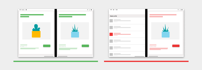 Screenshot shows the two screens used to compare data, instead of a list and detail display.