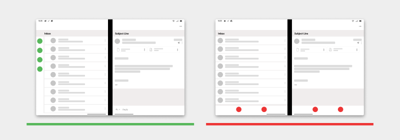 Le diagramme montre l’utilisation d’un menu latéral sur l’écran de liste, au lieu d’avoir un menu inférieur qui s’étend sur les deux écrans.