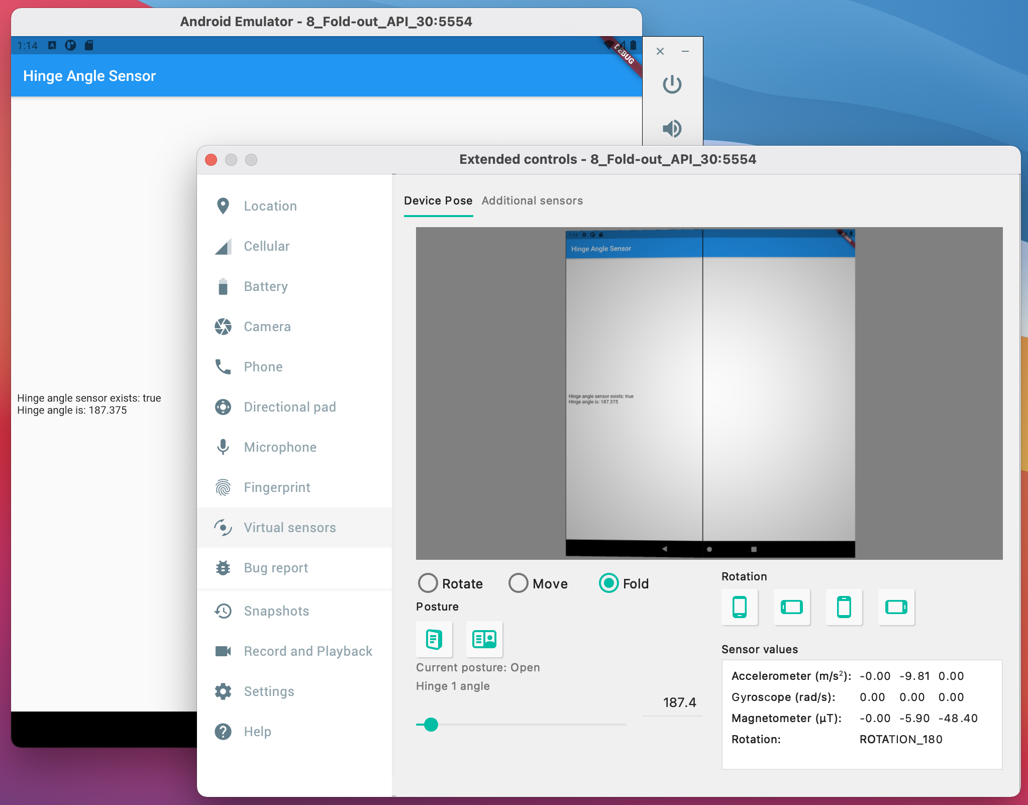 Flutter dual_screen exemple s’exécutant sur un émulateur pliable Android Studio