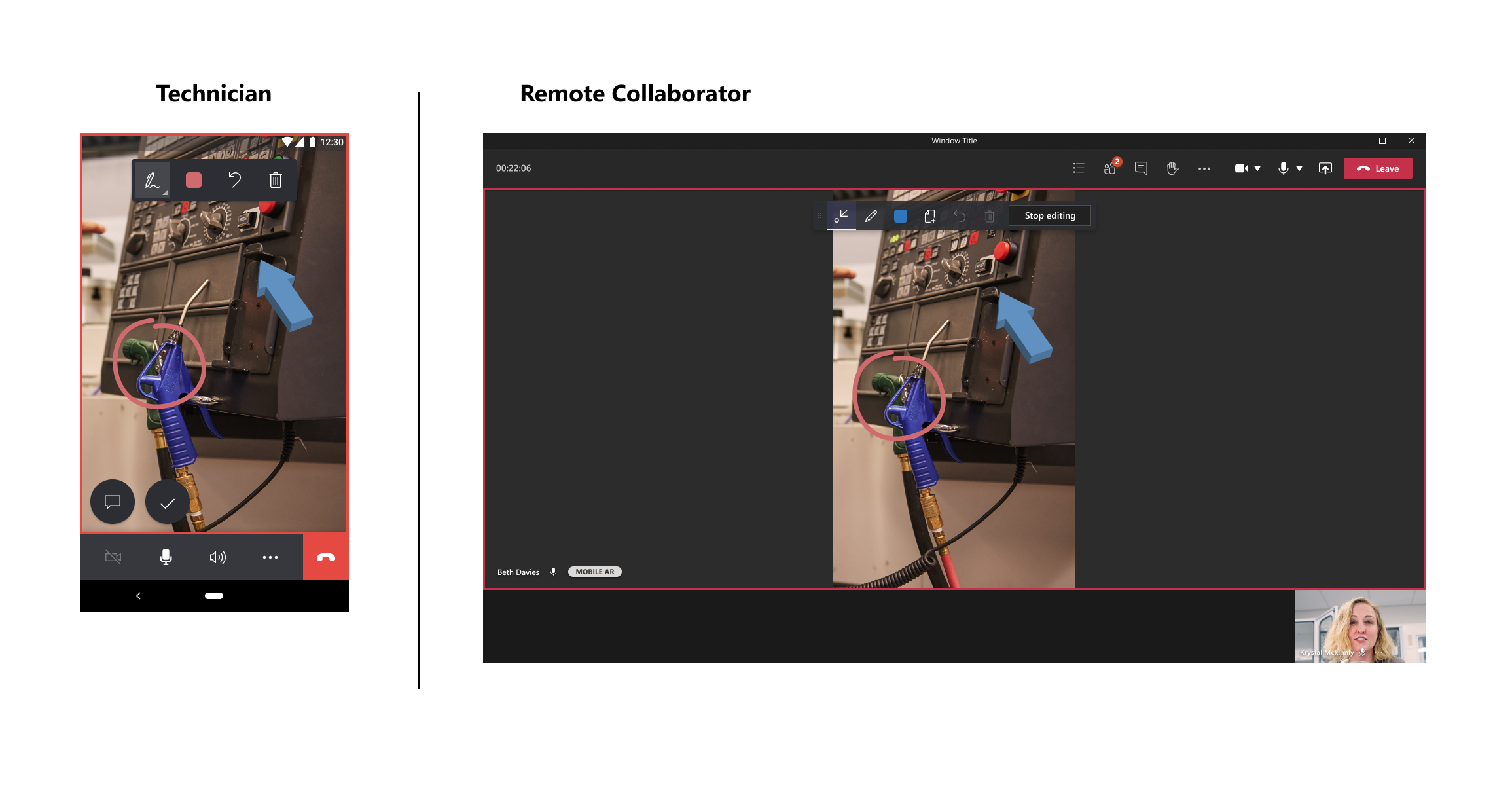 Expérience du mode Instantané pour utiliser Dynamics 365 Remote Assist sur un appareil mobile sans prise en charge de la réalité augmentée avec l’application de bureau Teams