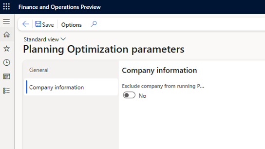 Capture d’écran montrant l’option permettant d’exclure une société de l’exécution du paramètre d’optimisation de la planification