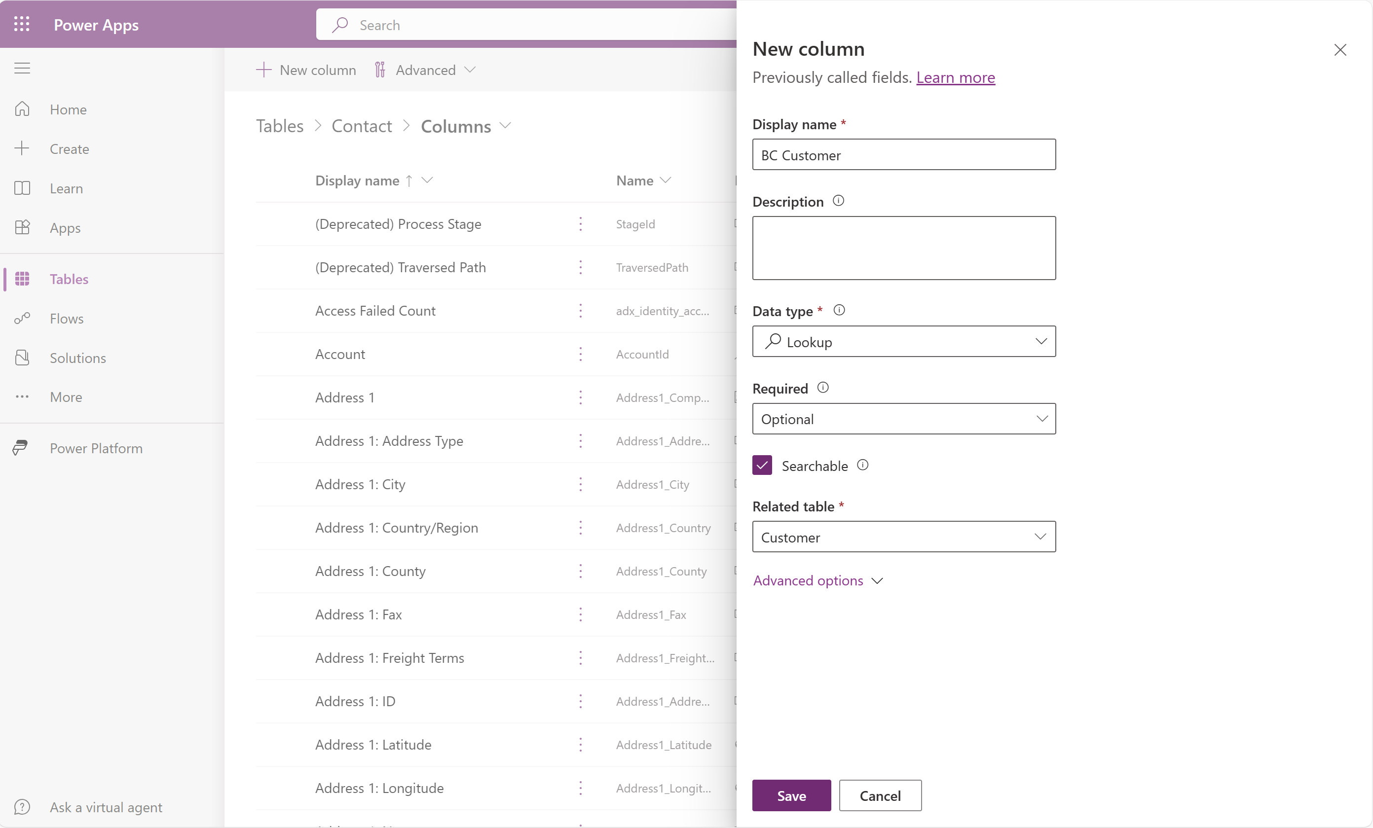 Screenshot of adding a column in Power Apps maker portal