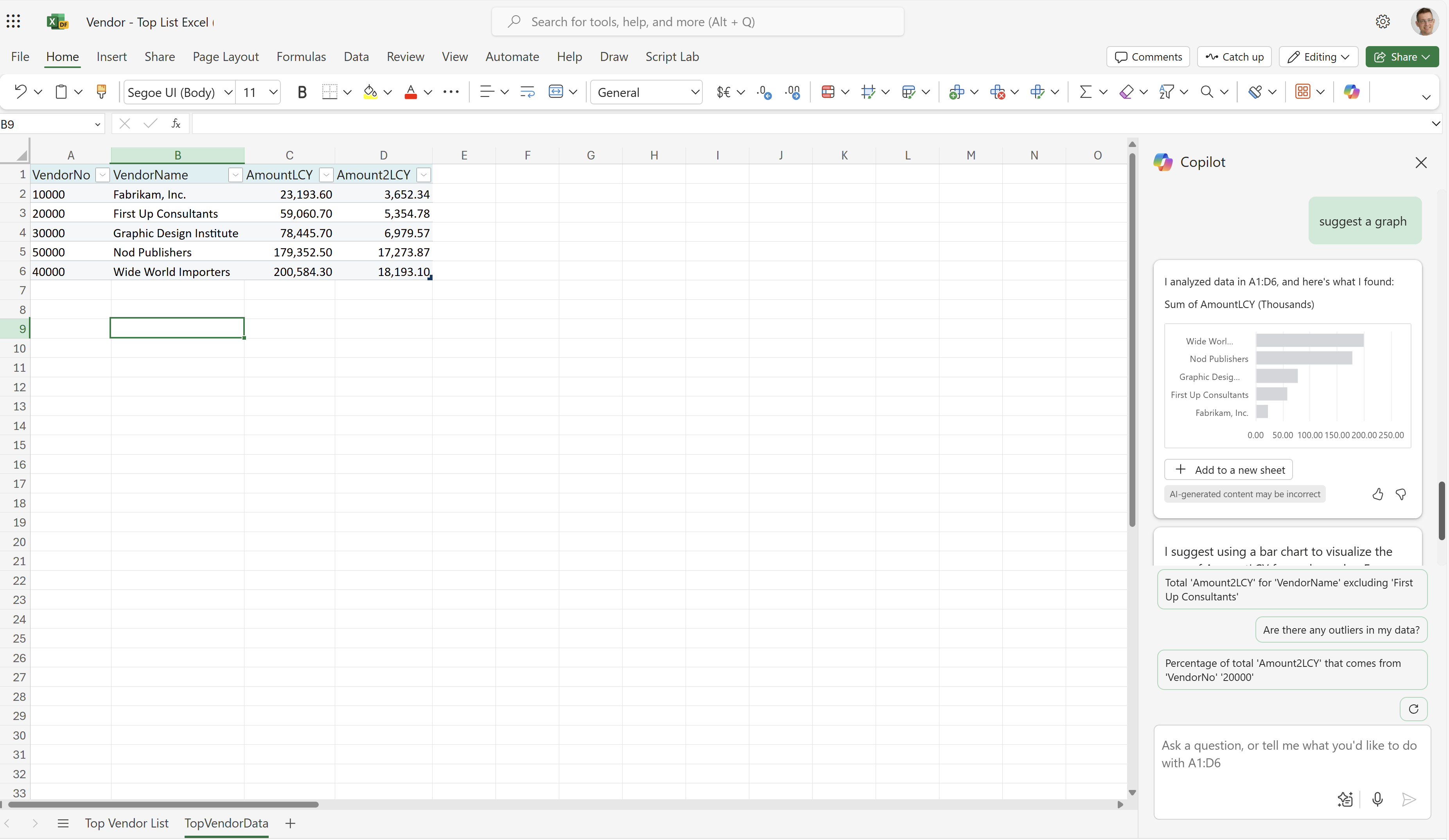 Capture d’écran de la feuille de calcul TopVendorData