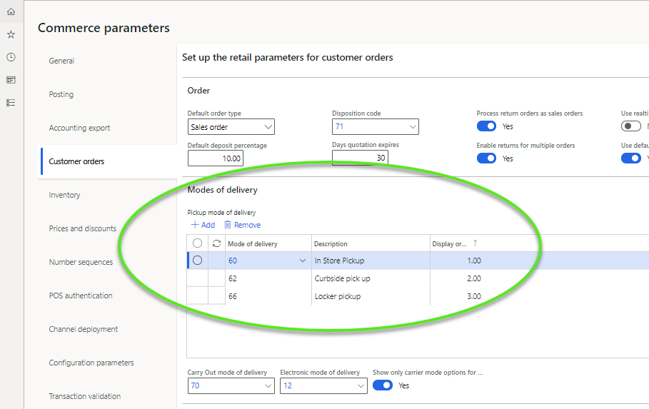 Modes de livraison de retrait sur la page Paramètres de Commerce.