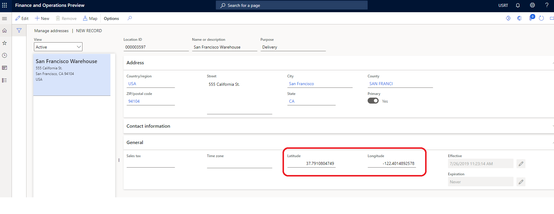 Exemple de configuration de latitude et de longitude pour un magasin dans Commerce Headquarters.