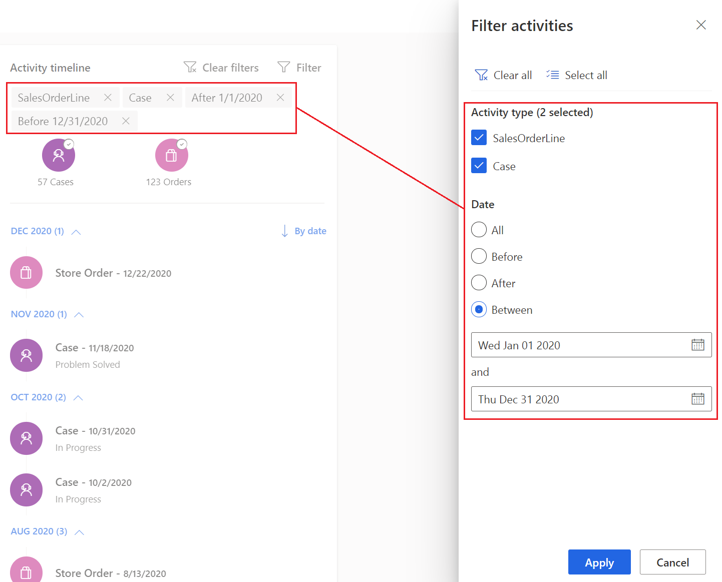 Utilisez le volet de filtre pour configurer les conditions de filtrage.