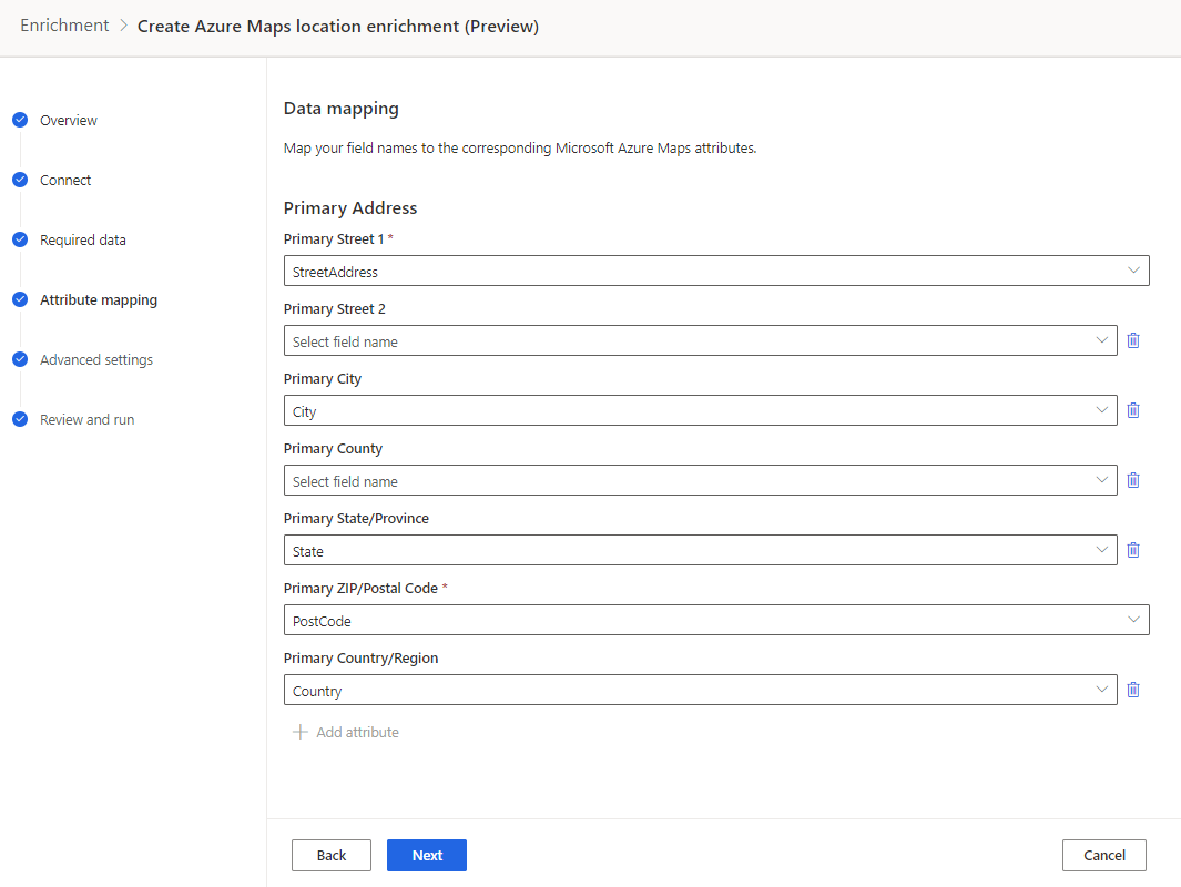 Mappage d’attributs Azure Maps.