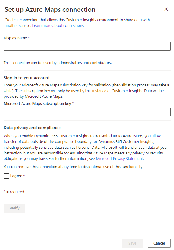 Page de configuration de la connexion Azure Maps.