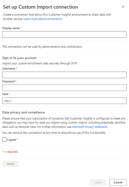 Page de configuration Connexion pour l’importation personnalisée.