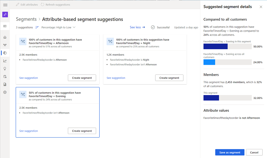 Page Segments suggérés qui affiche les détails d’une suggestion dans un volet latéral.