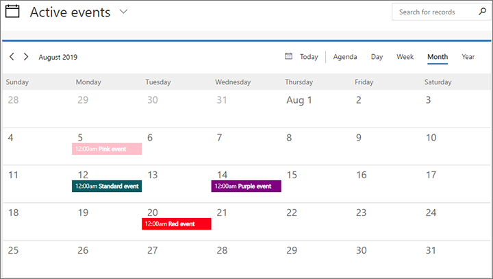 Calendrier avec plusieurs événements de couleur personnalisée.