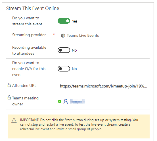 Paramètres d’événement Teams en direct.
