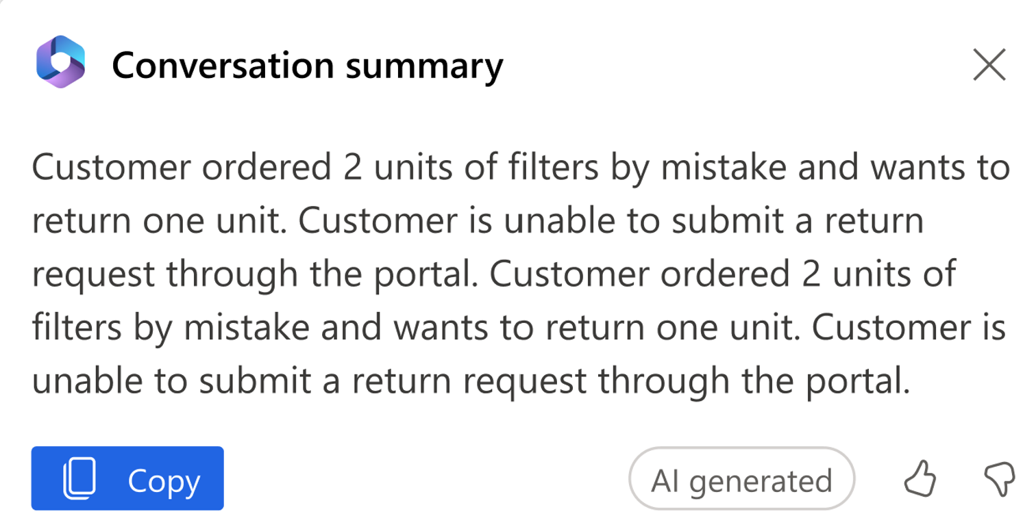 Capture d’écran d’un résumé de conversation Copilot.
