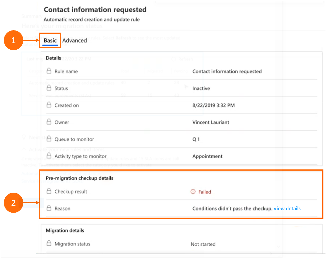 Outil de migration - Écran d’information de base pour les règles ayant échoué.