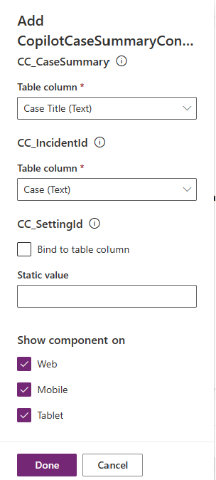 Capture d’écran du composant copilotcasesummarycontrol Power Apps.