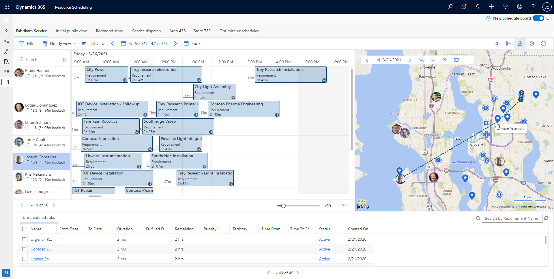 Capture d’écran du tableau de planification avec déplacement l’itinéraire de la ressource.