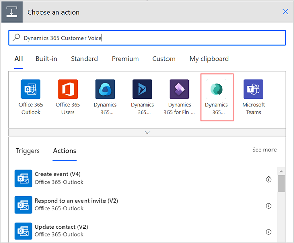 Sélectionnez le connecteur Dynamics 365 Customer Voice.