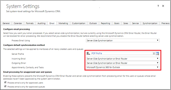 Paramètres système pour la synchronisation côté serveur.