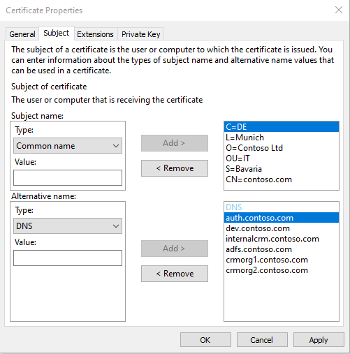 Exemples de noms de sujets de certificat alternatifs