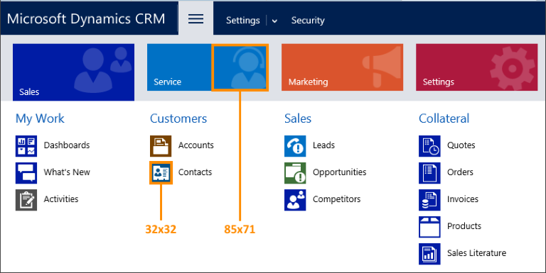 Tailles de pixels des icônes dans Dynamics 365 Customer Engagement.