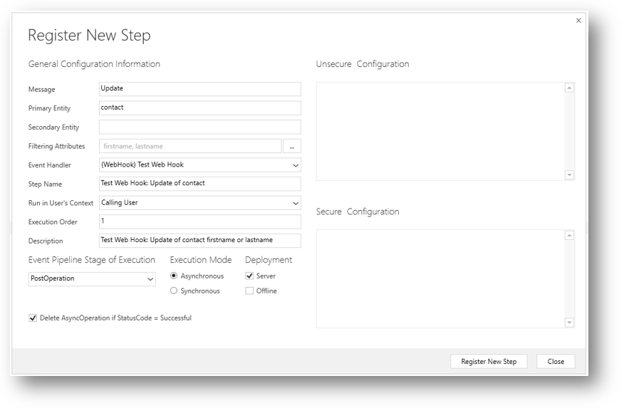 Dialogue d’inscription de plug-in pour inscrire une nouvelle étape de webhook.