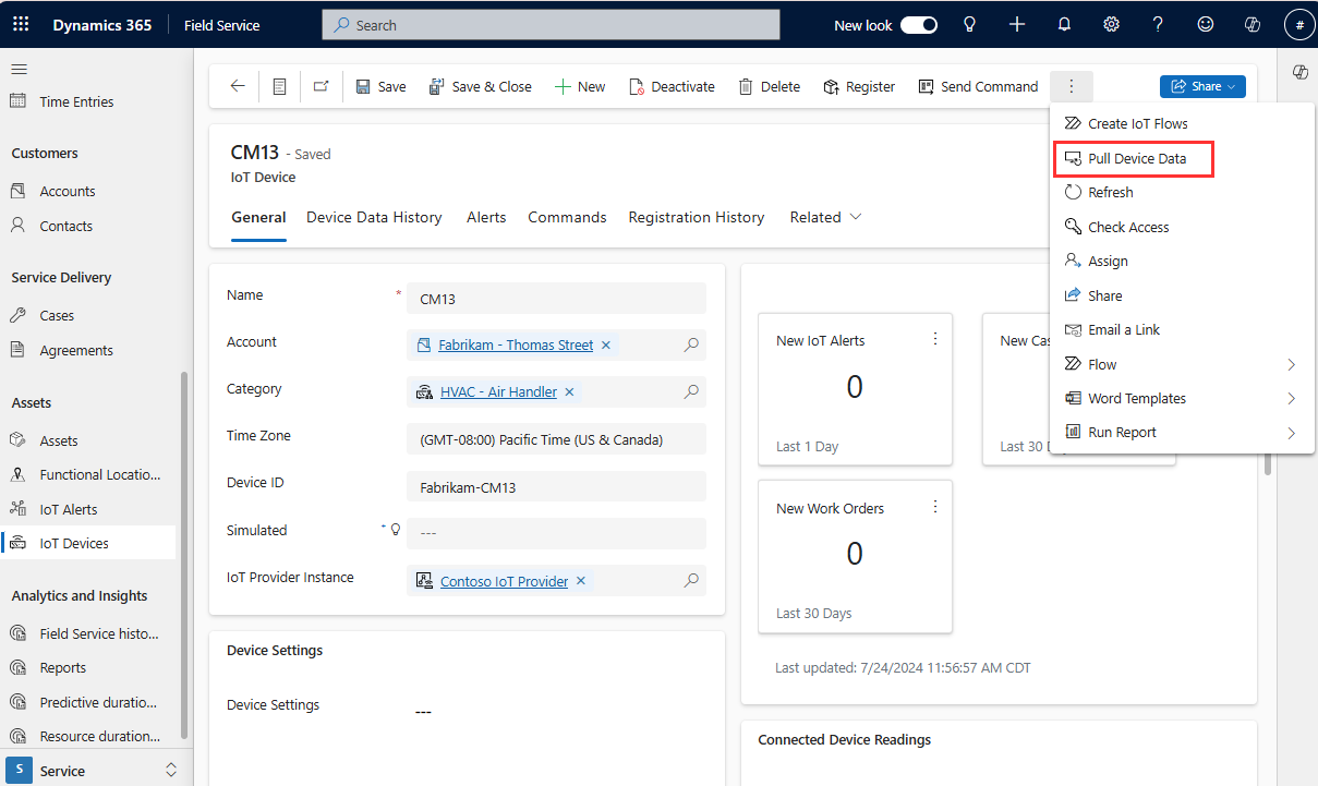 Capture d’écran de Field Service montrant un appareil IoT, mettant en évidence l’option Extraire les données de l’appareil.