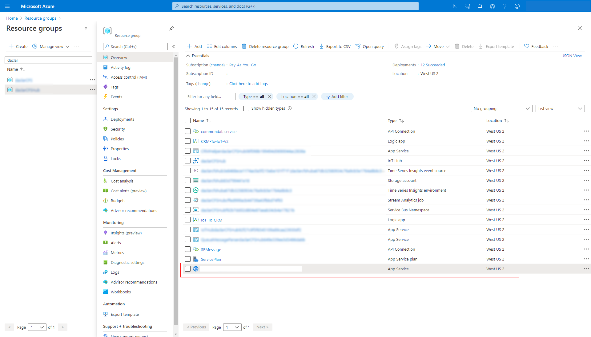 Capture d’écran des groupes de ressources dans Azure.