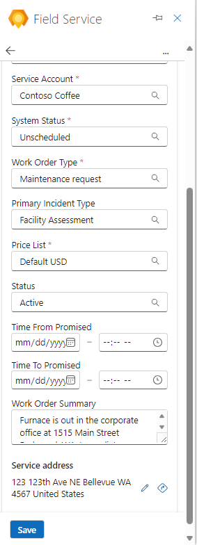 Capture d’écran des détails d’un ordre de travail dans Field Service Outlook