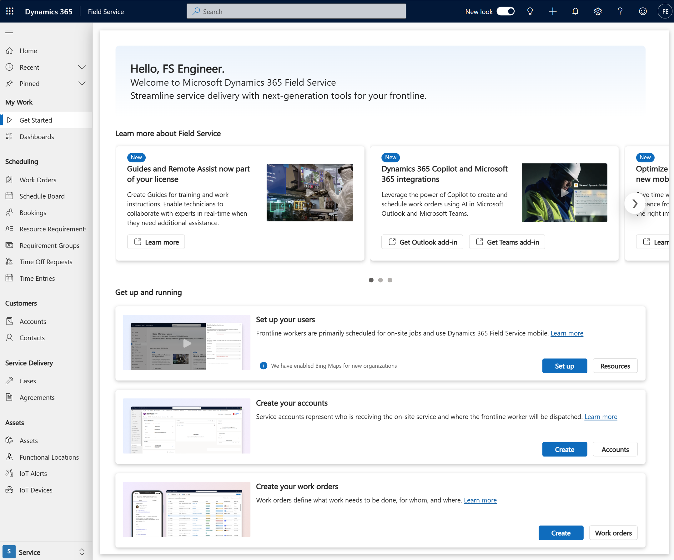 Capture d’écran de la page de démarrage dans Dynamics 365 Field Service avec une surbrillance sur l’élément de navigation.