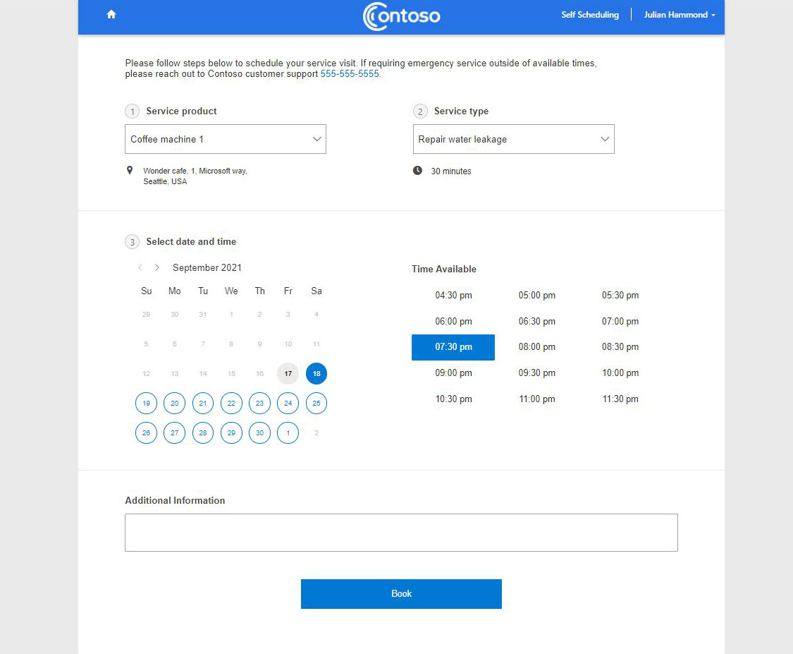 Page d’auto-planification du portail d’expérience client, affichant les options de réservation.