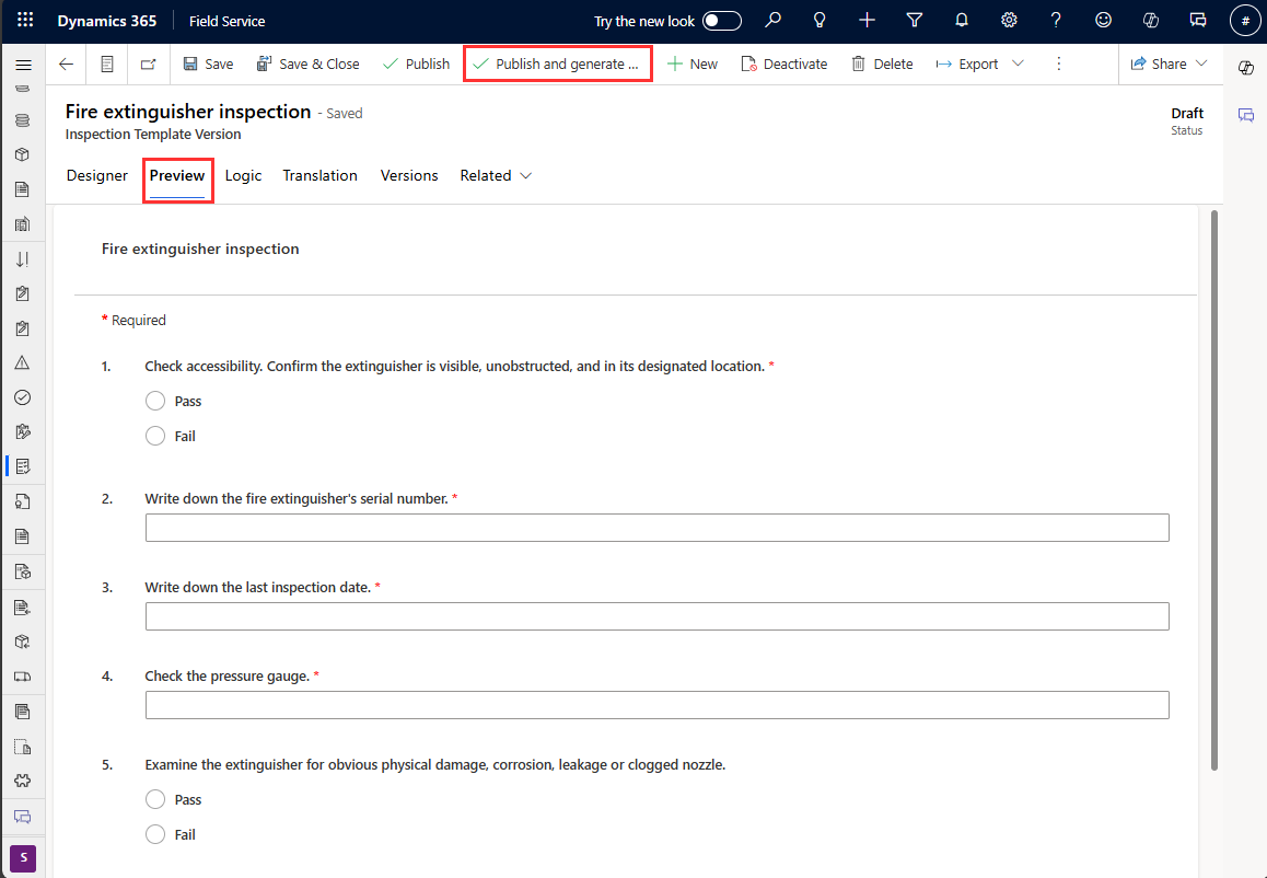 Capture d’écran de l’inspection Field Service, mettant en évidence à la fois la section d’aperçu et l’option de publication.