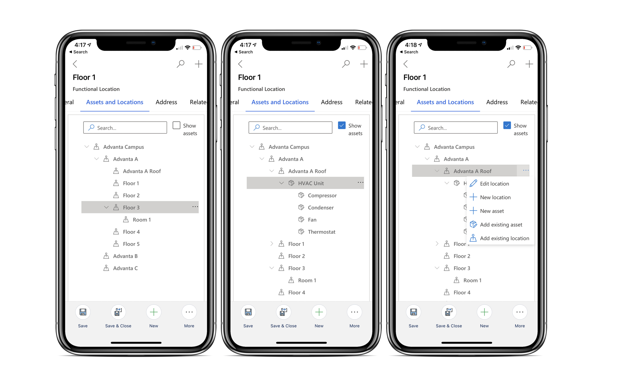 Captures d’écran simulées de l’application mobile Field Service, affichant les hiérarchies d’actifs et les postes techniques.