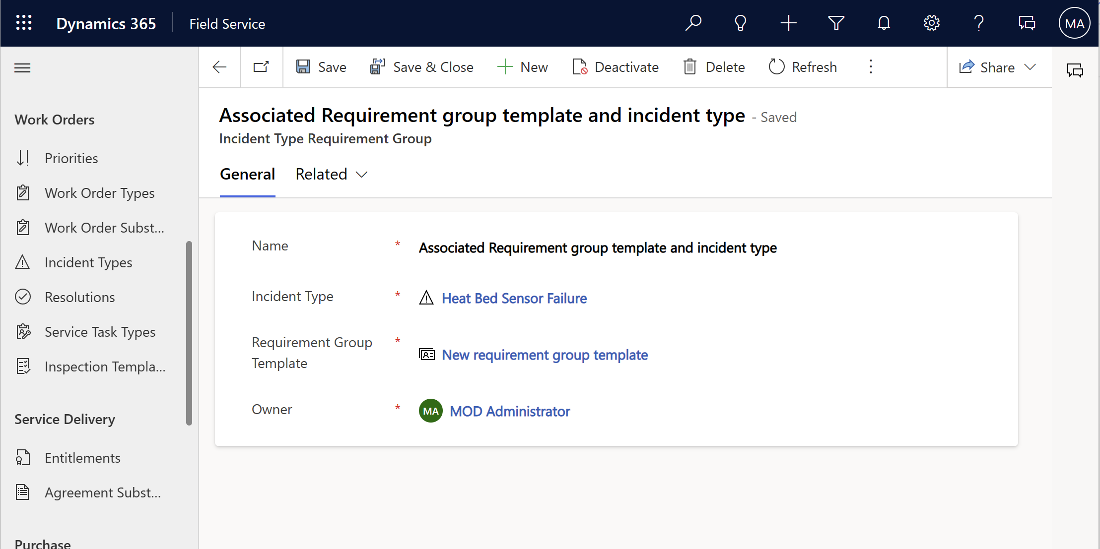 Capture d’écran d’un formulaire de groupe de besoins au type d’incident dans Field Service.