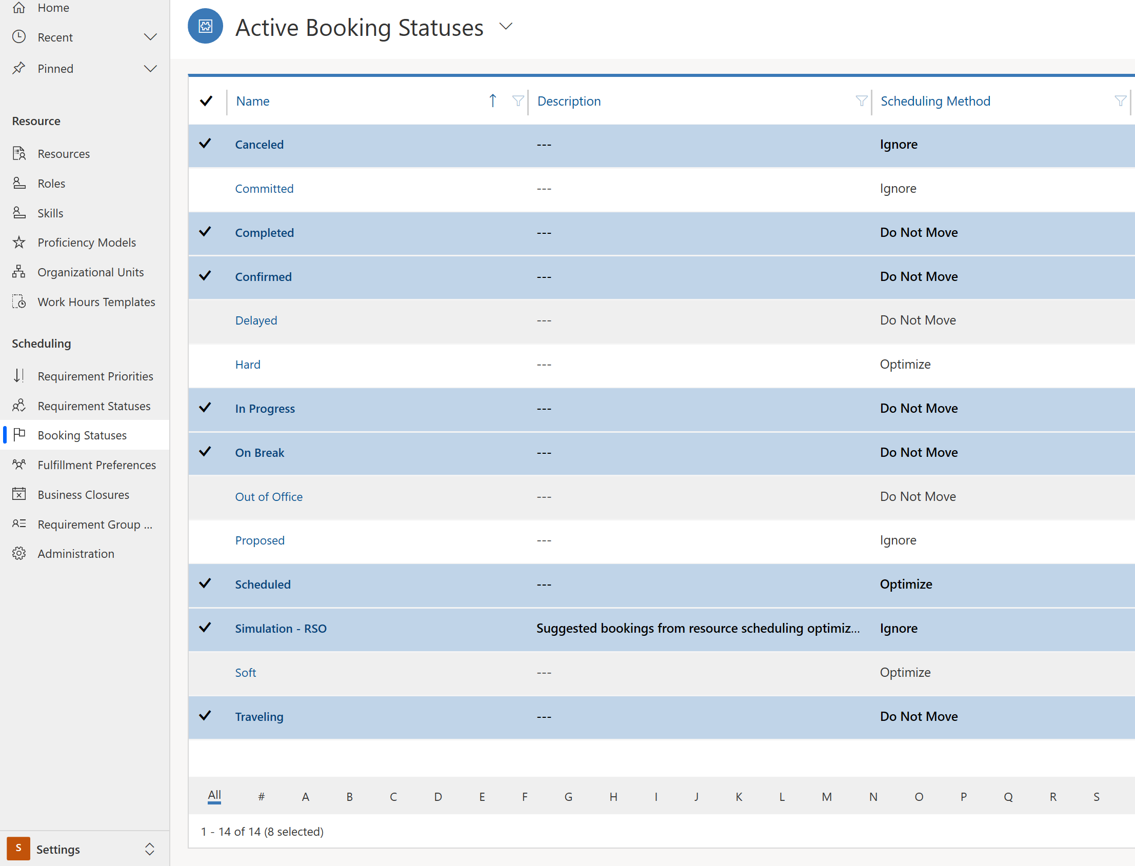 Capture d’écran d’une liste de statuts de réservation mappés aux statuts Resource Scheduling Optimization.