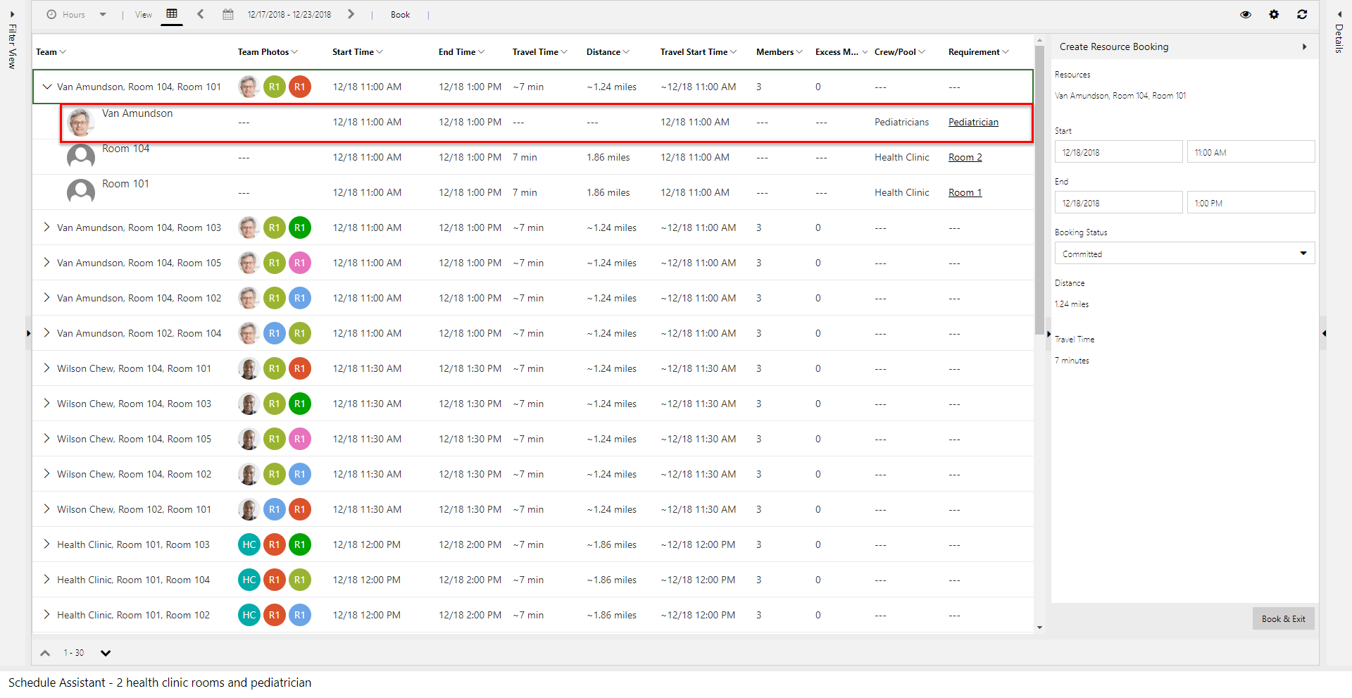 Capture d’écran des résultats de l’Assistant Planifier avec la ressource de type Médecin spécifique comme option pour utiliser le groupe de pédiatres.